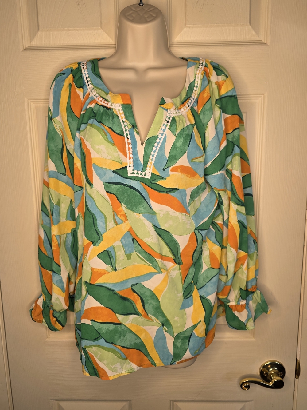 Vibrant Leaf-Print Peasant Tunic in Green/Yellow/Orange